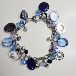 Vintage Stunning Statement Piece Blue And Silver Charm Bracelet Metal Abalone
